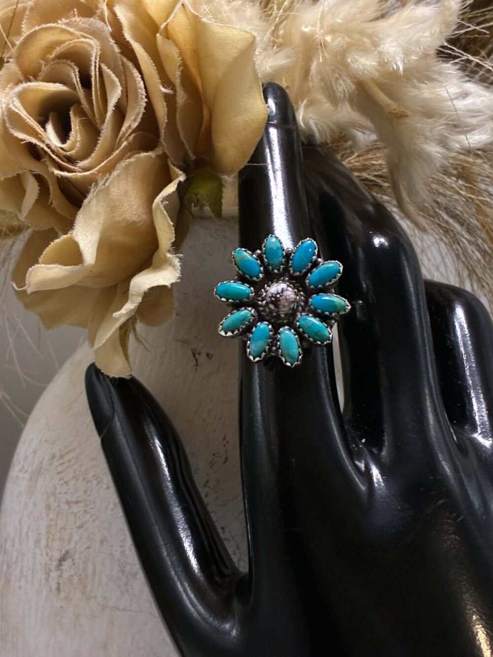 Vintage Native American Kingman Turquoise Wild Horse Sterling Silver Ring 6.5